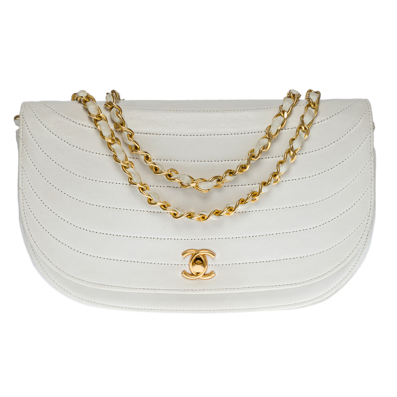 SAC BANDOULIERE CHANEL CLASSIQUE FLAP BAG DEMI-LUNE EN CUIR D'AGNEAU BLANC-100669