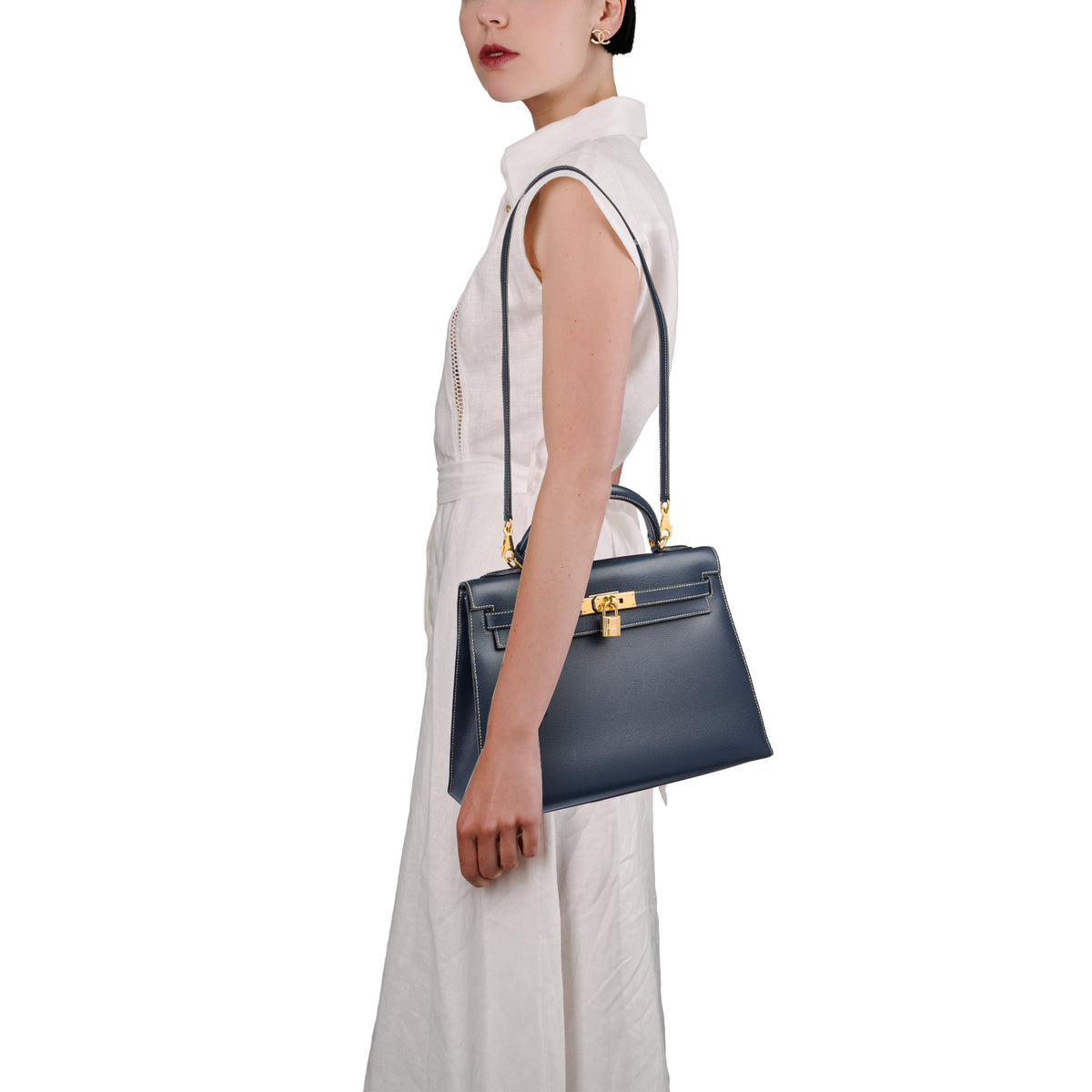 Sac HERMES Kelly 32 en Cuir Bleu Marine - 103998